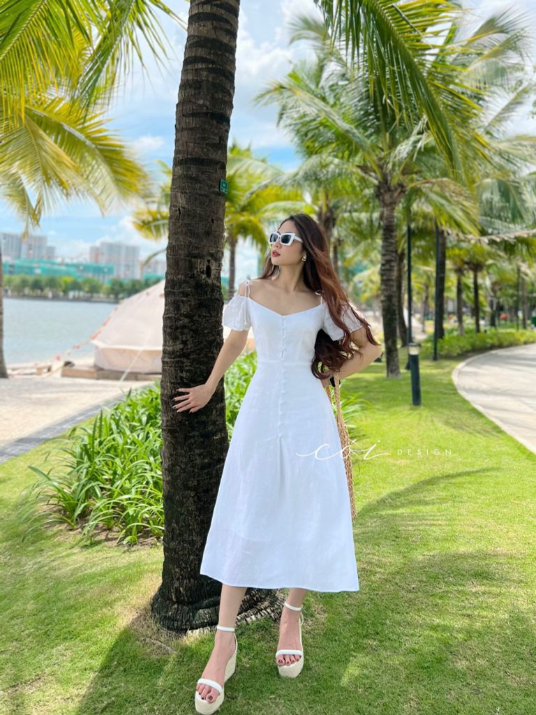 Đầm nút bọc bẹt vai Linen tưng premium Cói Design