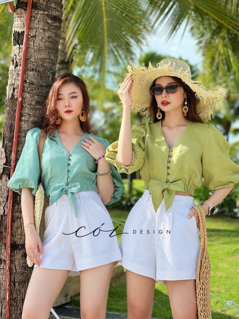 Áo croptop tay bí phối dây linen Cói Design