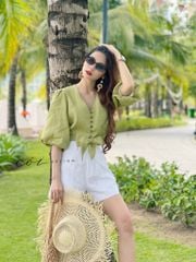 Áo croptop tay bí phối dây linen Cói Design