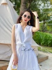 Áo sát nách nút bọc phối dây Linen tưng premium Cói Design