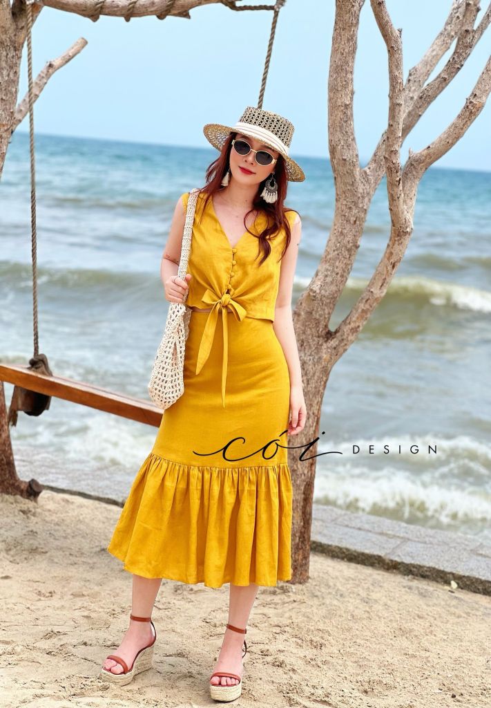 Áo sát nách nút bọc phối dây Linen tưng premium Cói Design