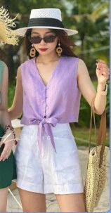 Áo sát nách nút bọc phối dây Linen tưng premium Cói Design