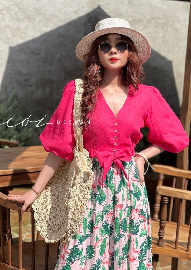Áo croptop tay bí phối dây linen Cói Design