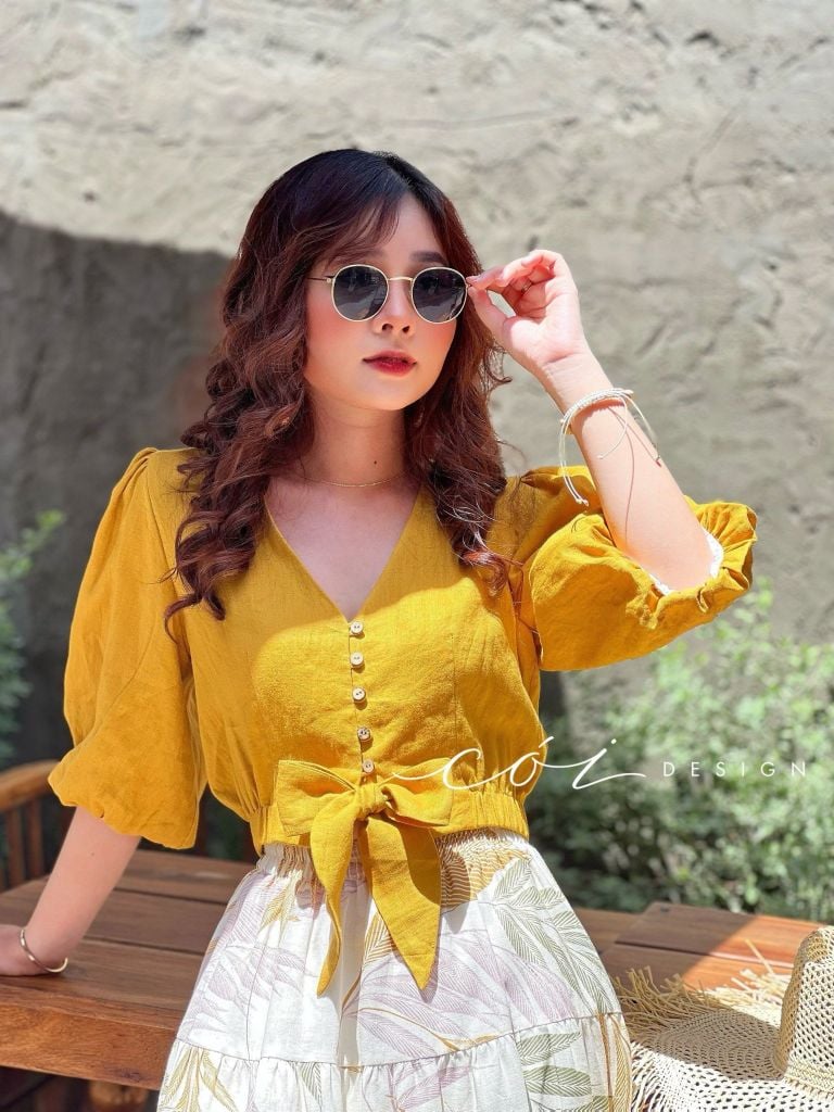 Áo croptop tay bí phối dây linen Cói Design