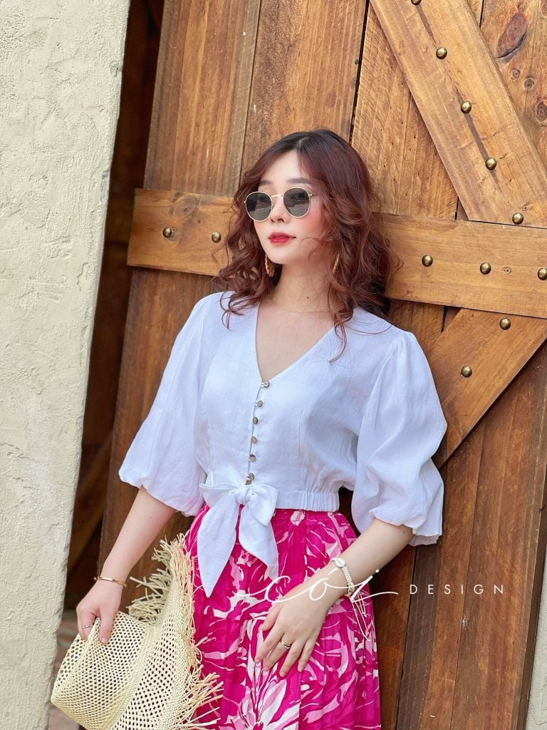 Áo croptop tay bí phối dây linen Cói Design