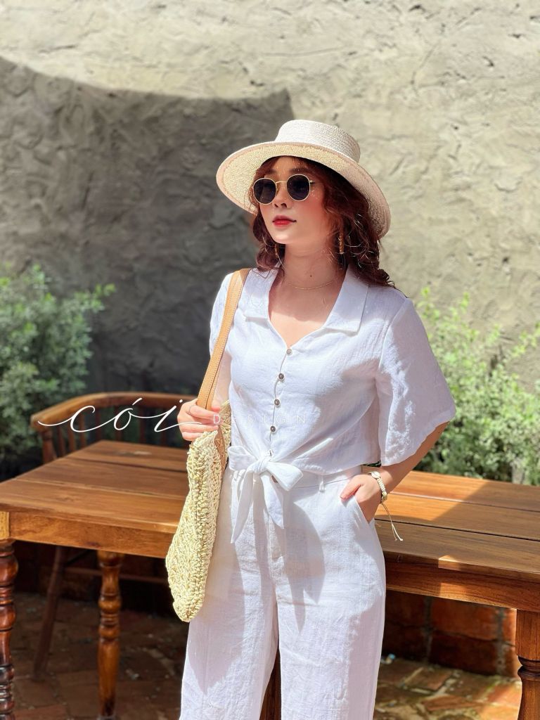 Áo phối dây tay ngắn Linen tưng premium Cói Design