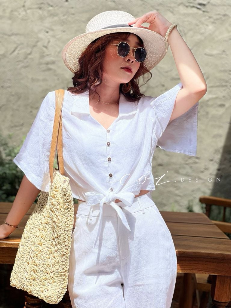 Áo phối dây tay ngắn Linen tưng premium Cói Design