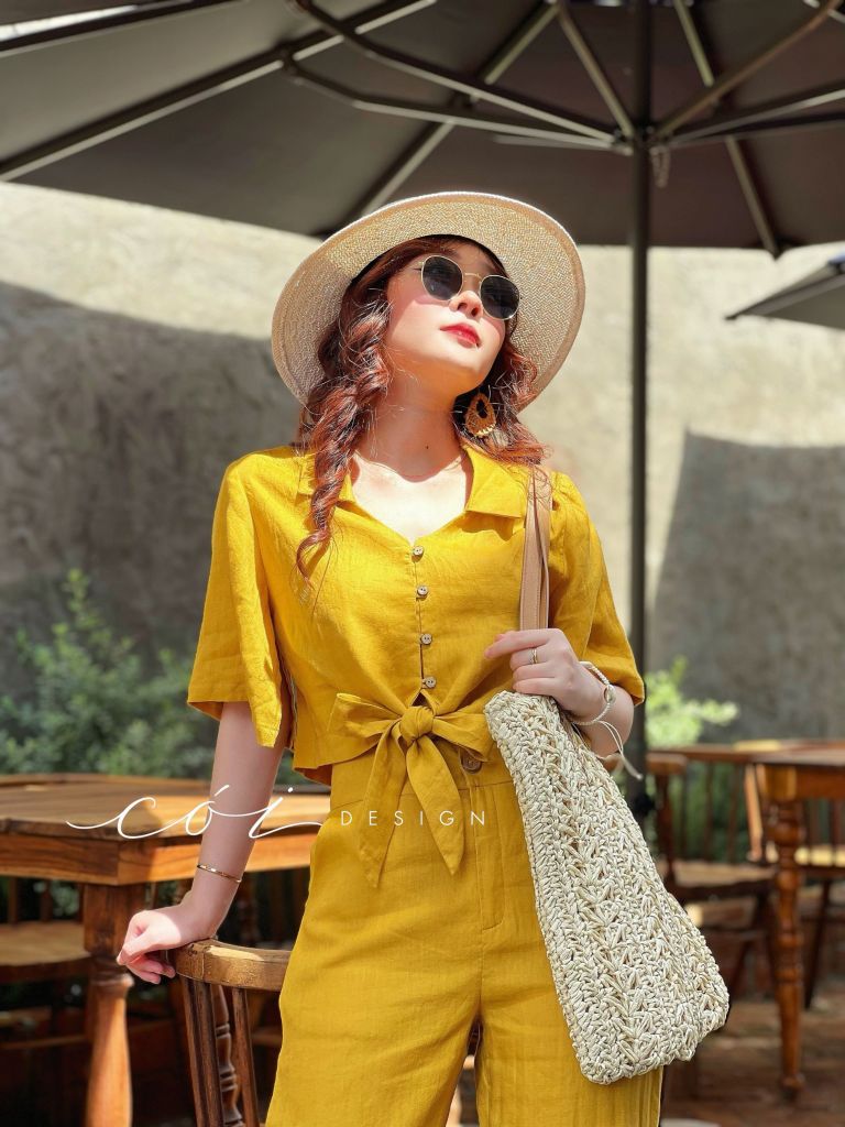 Áo phối dây tay ngắn Linen tưng premium Cói Design