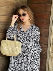 Đầm nút bọc cổ V kèm belt Linen Cói Design