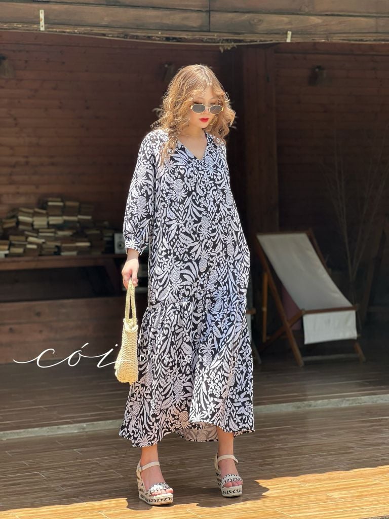 Đầm nút bọc cổ V Linen Cói Design