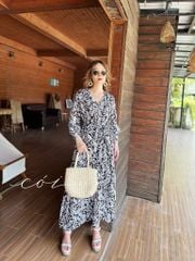 Đầm nút bọc cổ V Linen Cói Design