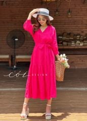 Đầm nút bọc cổ V Linen Cói Design