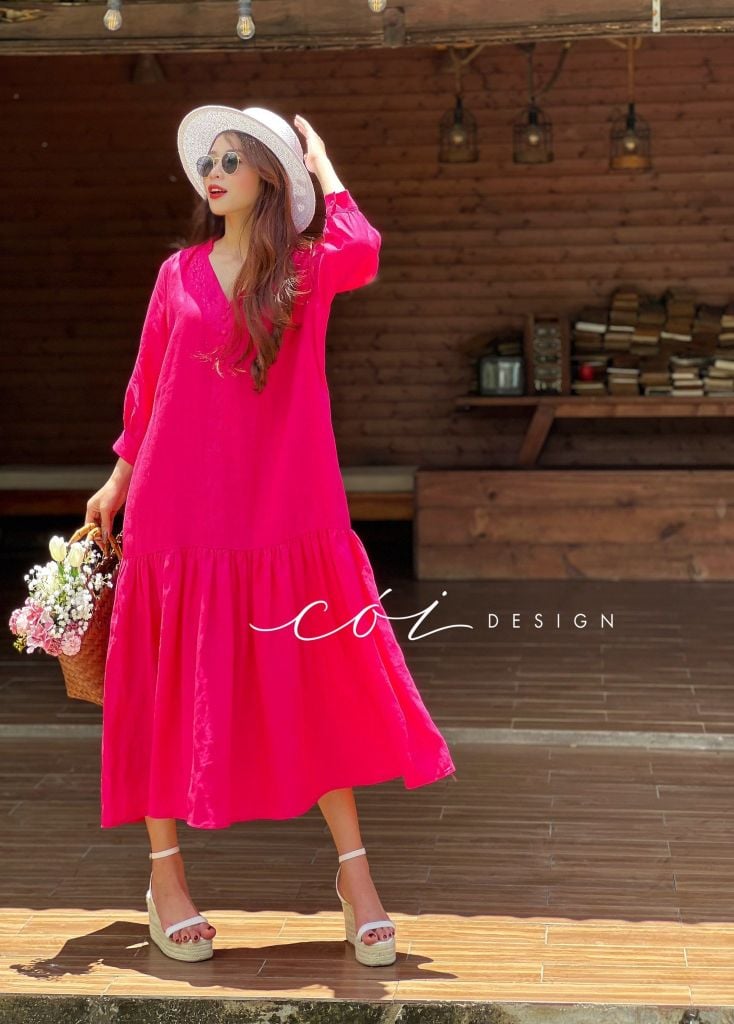 Đầm nút bọc cổ V Linen Cói Design