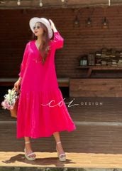 Đầm nút bọc cổ V Linen Cói Design