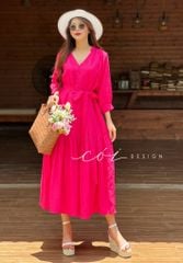 Đầm nút bọc cổ V Linen Cói Design