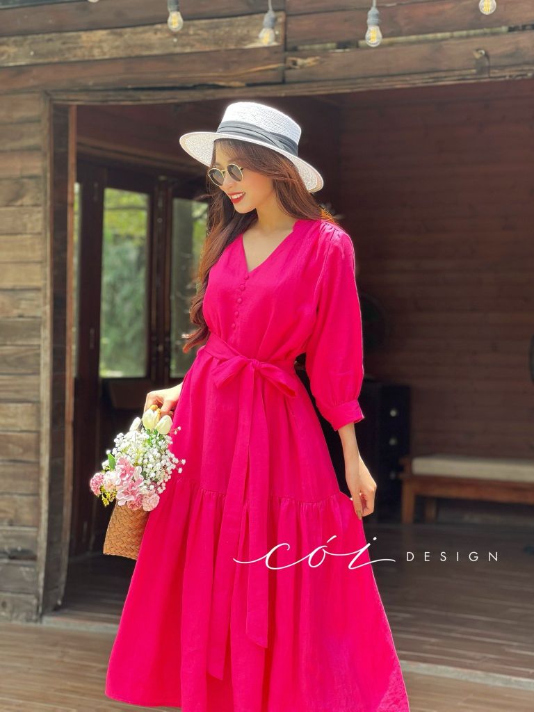 Đầm nút bọc cổ V Linen Cói Design