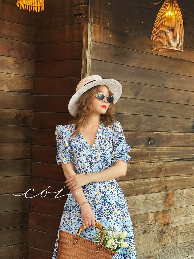 Đầm cổ tim nút bọc họa tiết Linen hàn Cói Design