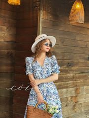Đầm cổ tim nút bọc họa tiết Linen hàn Cói Design