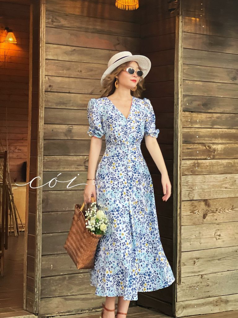 Đầm cổ tim nút bọc họa tiết Linen hàn Cói Design