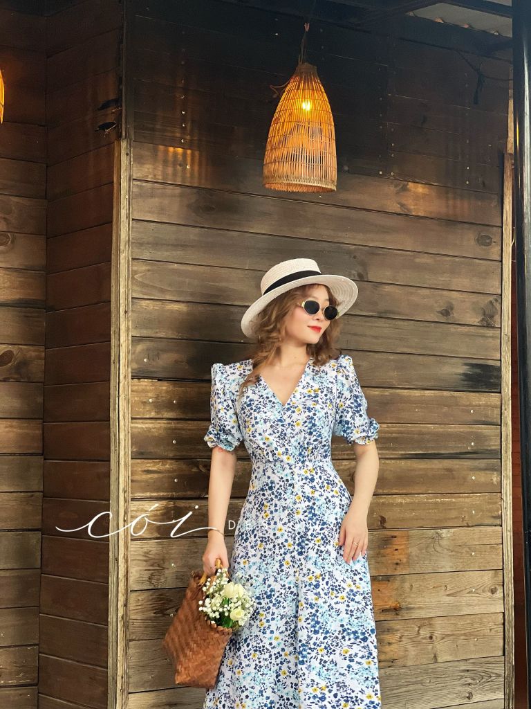 Đầm cổ tim nút bọc họa tiết Linen hàn Cói Design