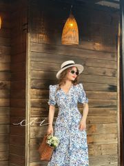 Đầm cổ tim nút bọc họa tiết Linen hàn Cói Design