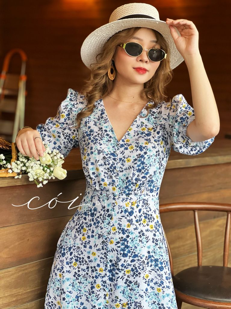 Đầm cổ tim nút bọc họa tiết Linen hàn Cói Design