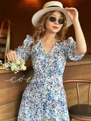 Đầm cổ tim nút bọc họa tiết Linen hàn Cói Design