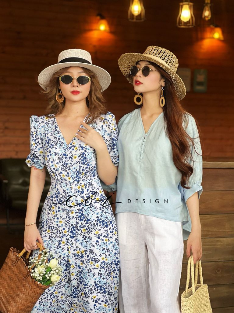 Đầm cổ tim nút bọc họa tiết Linen hàn Cói Design