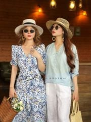 Đầm cổ tim nút bọc họa tiết Linen hàn Cói Design