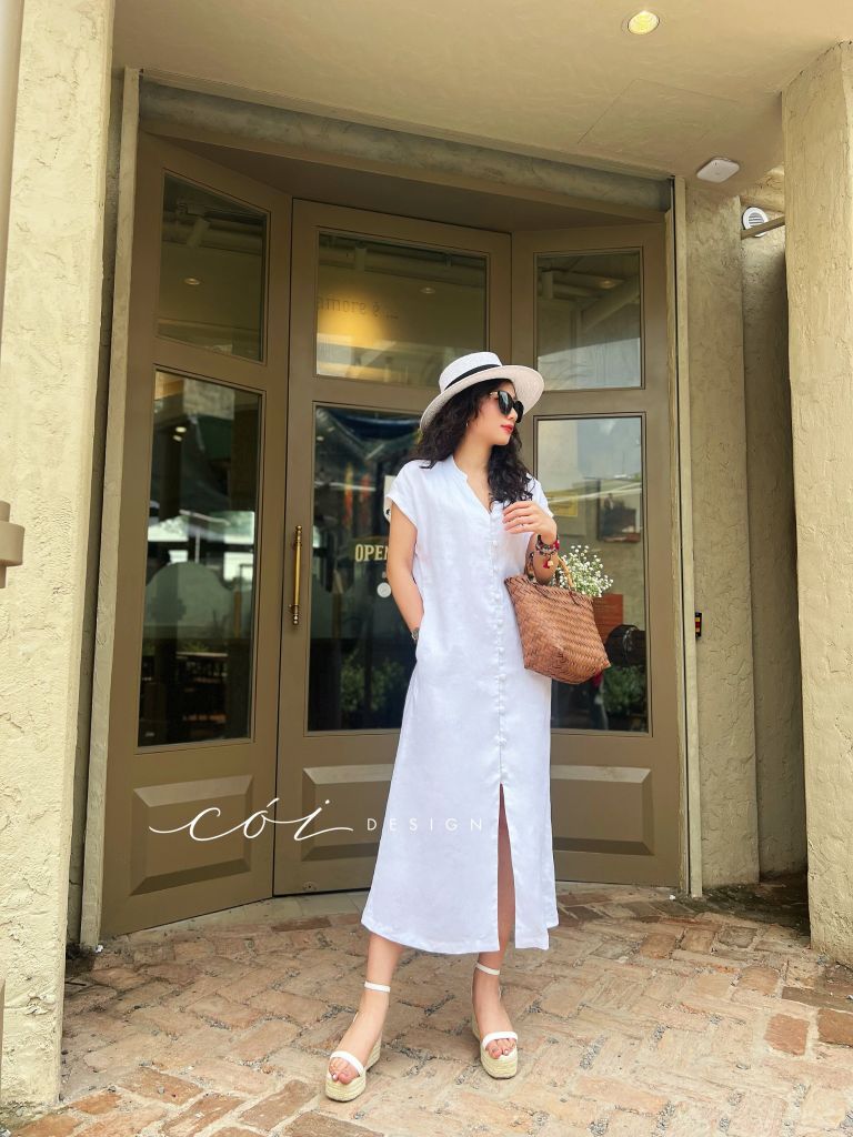 Đầm cổ trụ nút bọc Linen tưng premium Cói Design