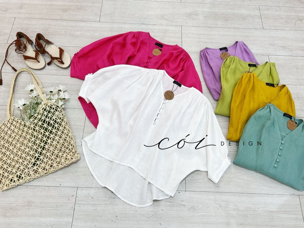 Áo nút bọc cổ V Linen tưng premium Cói Design