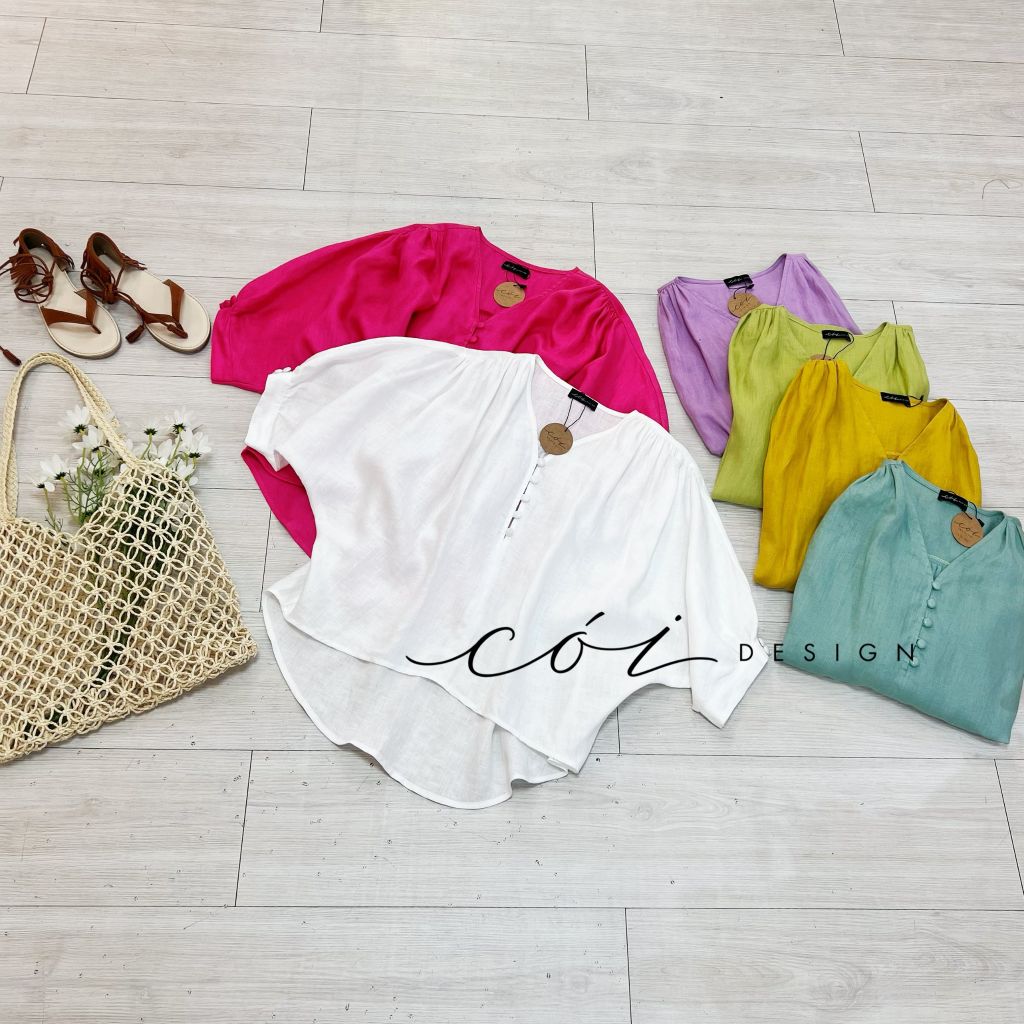 Áo nút bọc cổ V Linen tưng premium Cói Design