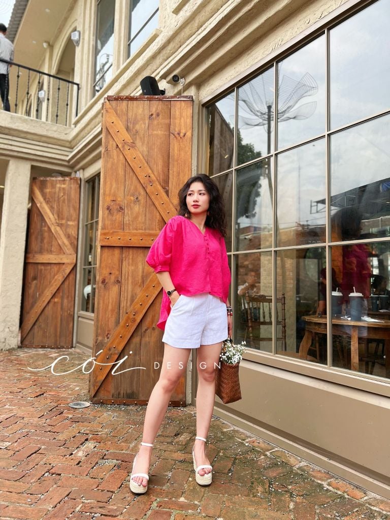 Áo nút bọc cổ V Linen tưng premium Cói Design