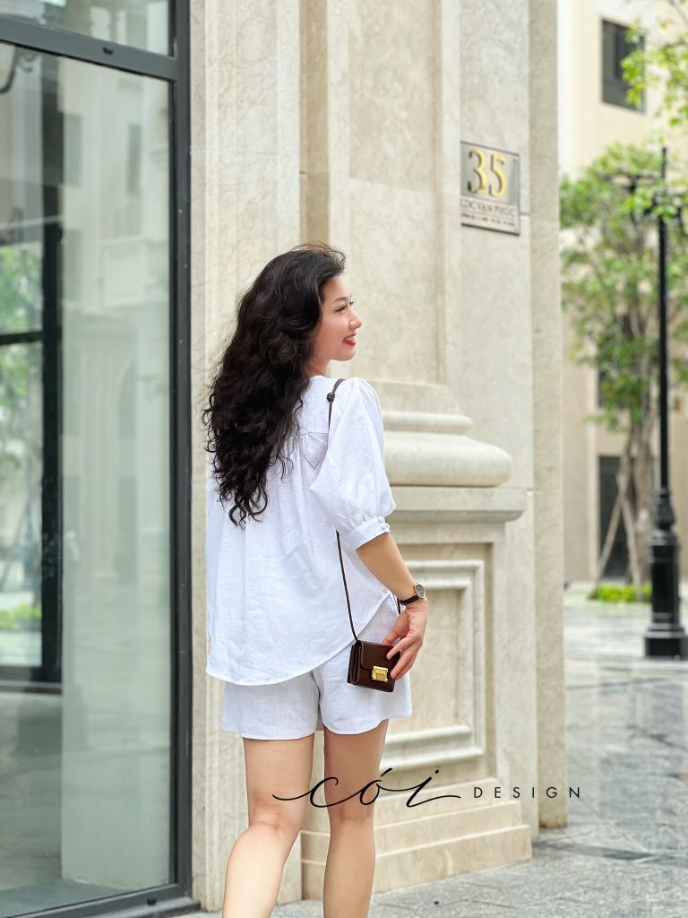 Áo nút bọc cổ V Linen tưng premium Cói Design