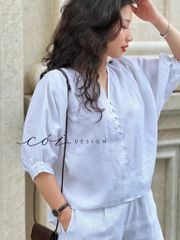 Áo nút bọc cổ V Linen tưng premium Cói Design