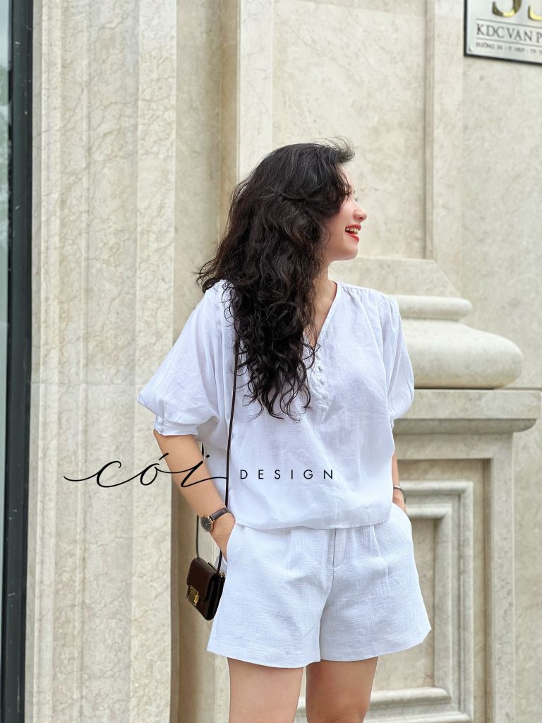 Áo nút bọc cổ V Linen tưng premium Cói Design