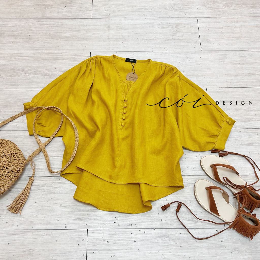 Áo nút bọc cổ V Linen tưng premium Cói Design