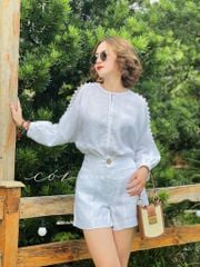 Áo nút bọc xẻ vai linen tưng premium Cói Design
