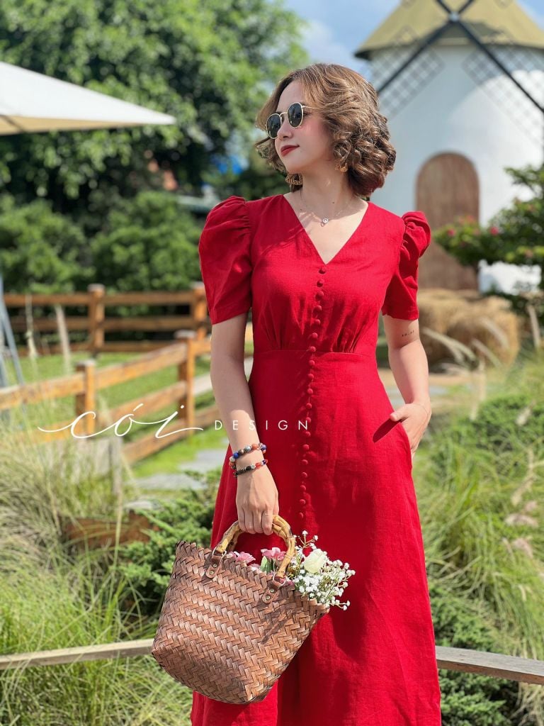Đầm cổ tim nút bọc Linen tưng premium Cói Design