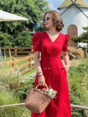 Đầm linen cổ tim nút bọc Cói Design