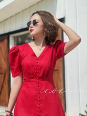 Đầm cổ tim nút bọc Linen tưng premium Cói Design