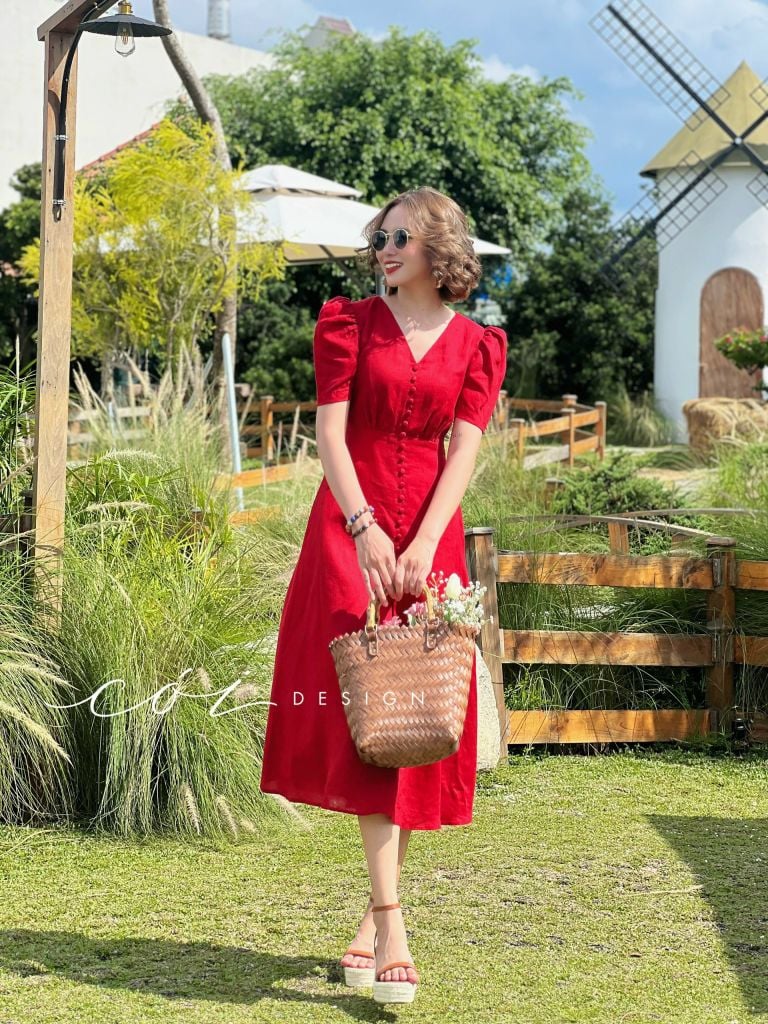 Đầm cổ tim nút bọc Linen tưng premium Cói Design