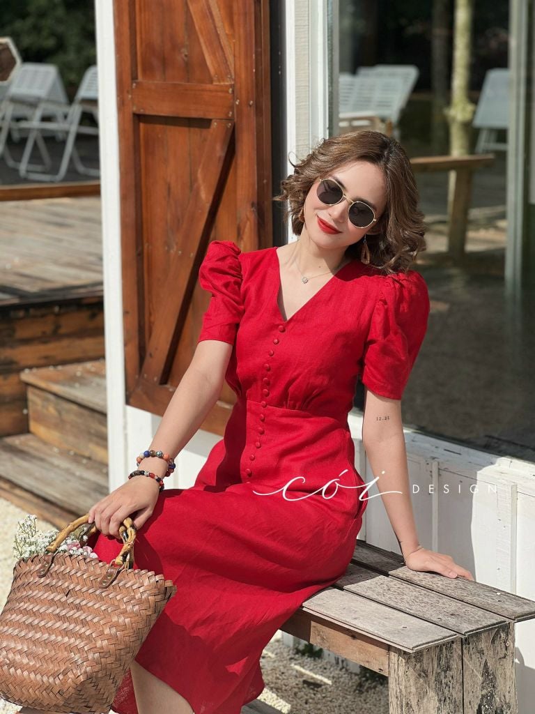 Đầm cổ tim nút bọc Linen tưng premium Cói Design