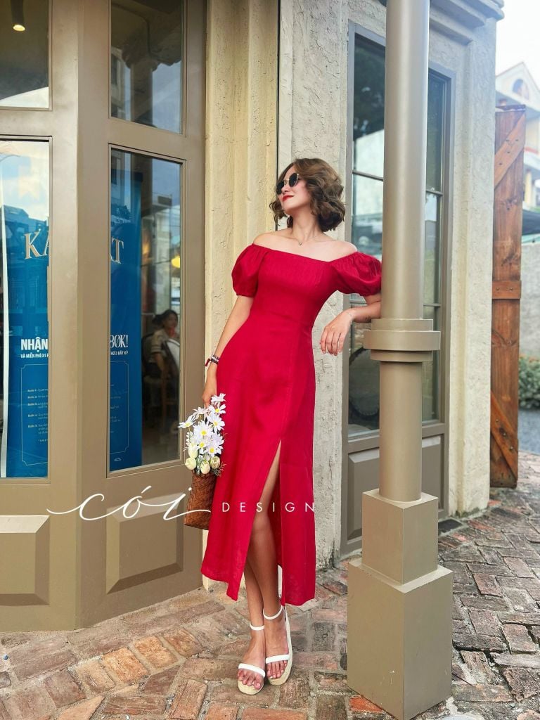 Đầm bẹt vai xẻ tà Linen tưng premium Cói Design