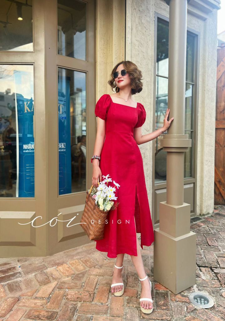 Đầm bẹt vai xẻ tà Linen tưng premium Cói Design