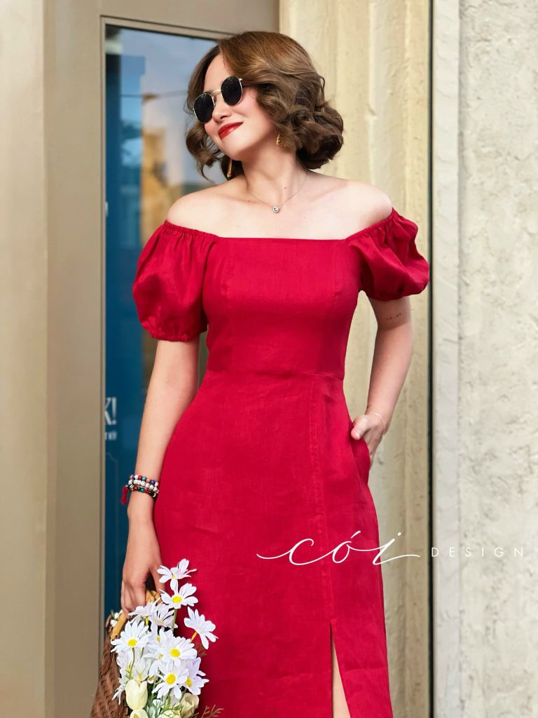 Đầm bẹt vai xẻ tà Linen tưng premium Cói Design