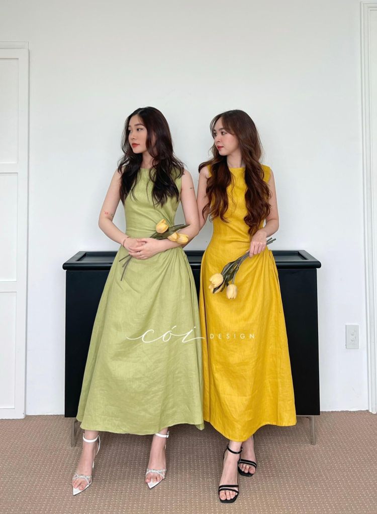 Đầm linen rút túi sát nách Cói Design