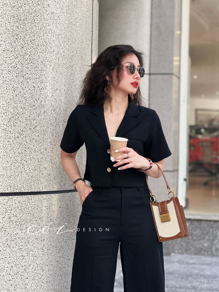 Set áo croptop quần suông linen Cói Design
