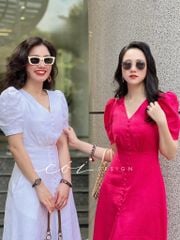 Đầm cổ tim nút bọc Linen tưng premium Cói Design