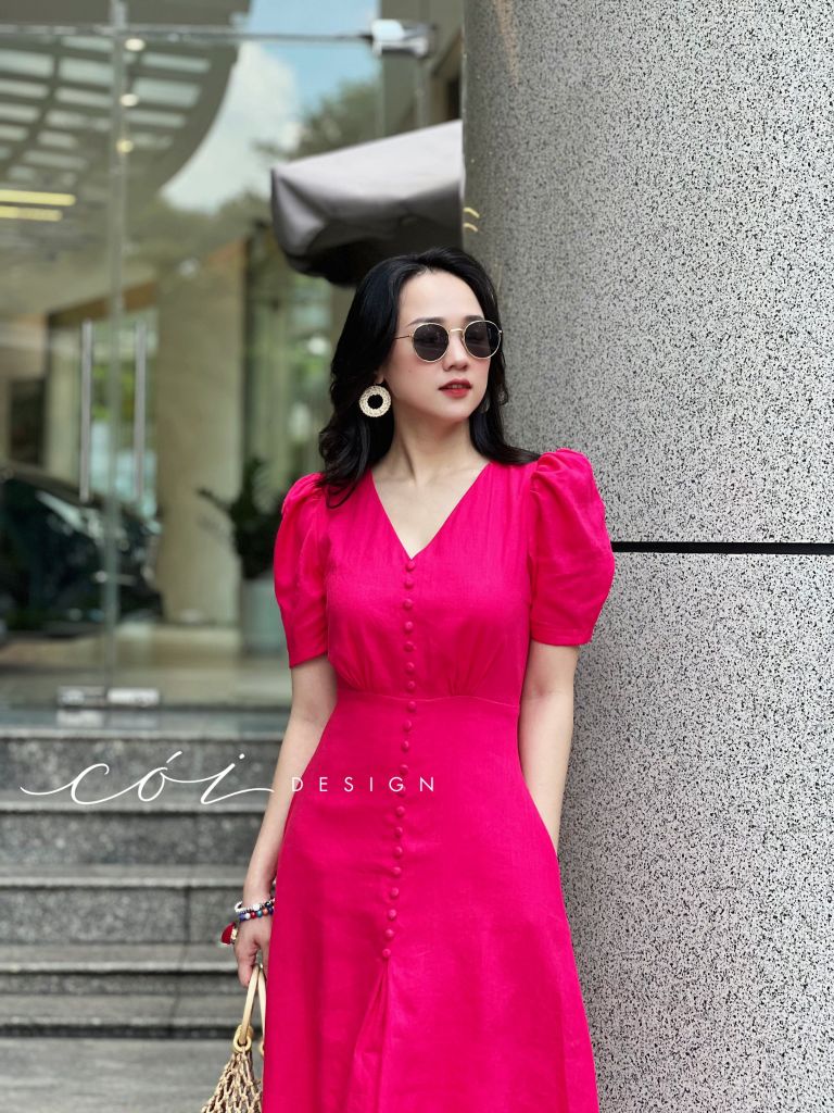 Đầm cổ tim nút bọc Linen tưng premium Cói Design